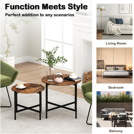 Dreamade Round Coffee Table Set of 2, Nesting Tables with Metal Frame, Imitated Wood Grain Top