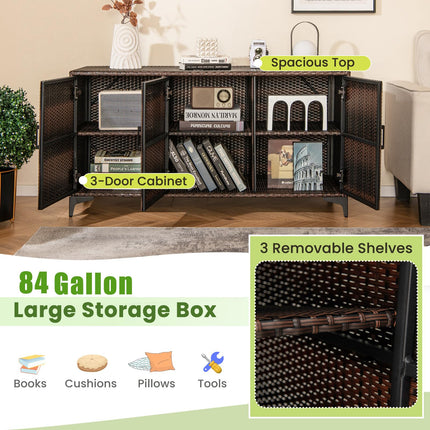 Dreamade 84-Gallon Wicker Deck Box - Patio Storage Cabinet, 3-Door PE Rattan Storage Container with Removable Shelves
