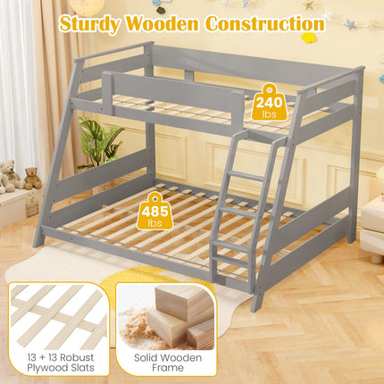Dreamade Wood Bunk Beds Twin Over Full Size, Solid Wood Floor Low Bunk Bed w/Removable Ladder