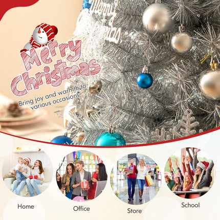 Dreamade 5ft / 6ft / 7 ft Pre-Lit Silver Tinsel Christmas Tree with Warm White LED Lights