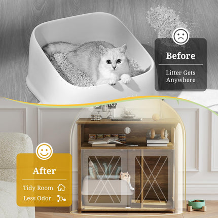 Dreamade Cat Litter Box Enclosure - Litter Box Hidden Furniture with Barn Door, Inner Divider, Side Entry, Storage Shelf