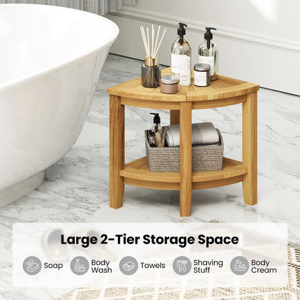 Dreamade Corner Shower Stool - Teak Wood Shower Bench Seat with Storage Shelf for Shaving Legs