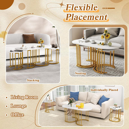 Dreamade Nesting Coffee Table Set of 3, Stacking Side Tables with Faux Marble Tabletop & Gold Metal Frame