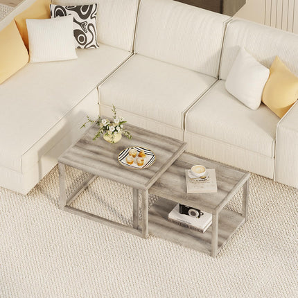 Dreamade Nesting Coffee Tables Set of 2 with Storage Shelf Rubber Wood