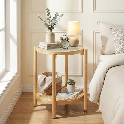 Dreamade 2-Tier Boho Rattan Round Side Table w/Tempered Glass Top (1/2)