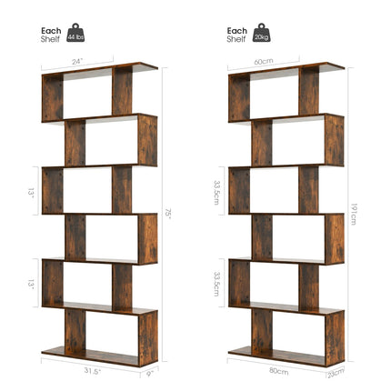Dreamade Geometric Bookcase Rustic, Solid Wood S-Shaped Bookshelf