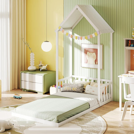 Dreamade Twin Size House Bed Montessori Floor Bed with House Shape Roof & Semi-Fence