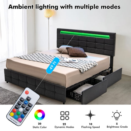 Dreamade Queen Bed Frame with LED Lights and 4 Drawers, Upholstered Platform Bed Frame with USB Ports
