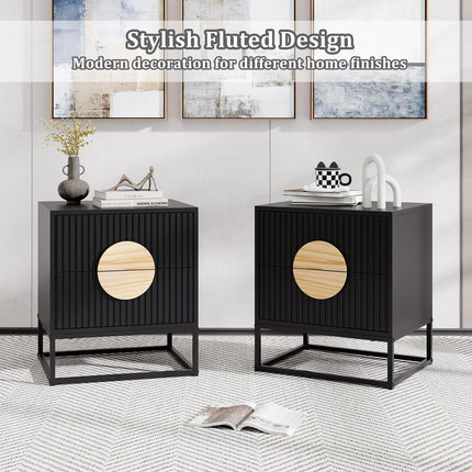 Dreamade Fluted Nightstand with 2 Drawers with Natural Circle Handle & Metal Frame