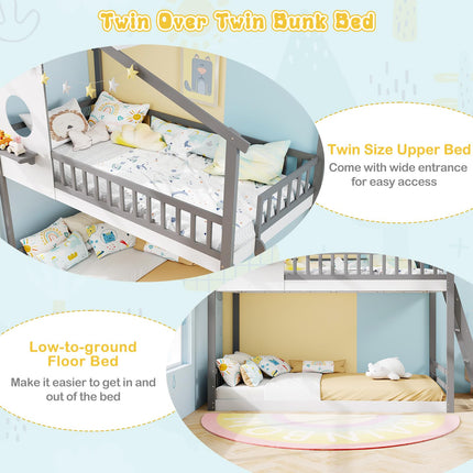 Dreamade Solid Wood Floor Bunk Bed with Ladder and Full-Length Guardrails