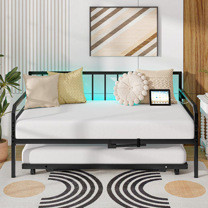 Dreamade Twin Daybed with Trundle, Twin Bed Frame with Charging Station & LED Lights, Metal Trundle Bed Twin w/Steel Slats Support