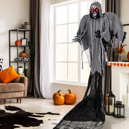 Dreamade Hanging Halloween Decoration, 12.1 Ft Skeleton Ghost with Flickering Red Eyes, Scary Sounds