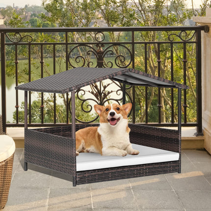 Dreamade Wicker Dog House, Raised Rattan Dog Bed with Roof, Removable Cushion and Steel Frame