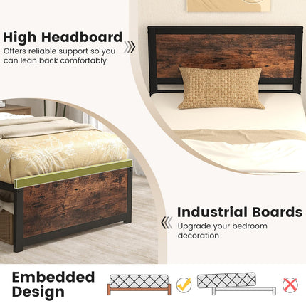 Dreamade Twin Bed Frames for Kids, Industrial Metal Platform Bed with Headboard