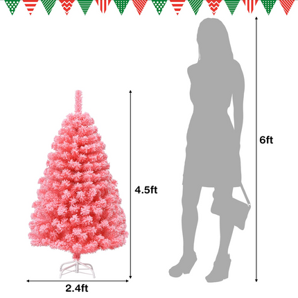 Dreamade 4.5ft Pink Artificial Christmas Tree, Unlit Hinged Snow Flocked Xmas Tree w/ 348 PVC Branch Tips & Metal Stand - DreamadeUS