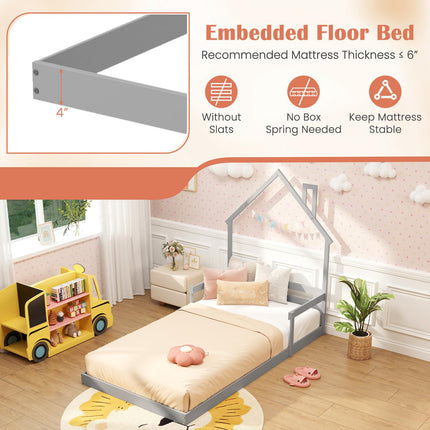 Dreamade Twin Floor Bed for Kids, Wood Montessori Floor Bed with Chimney Headboard & Handrail
