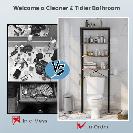 Dreamade Over The Toilet Storage Rack, 4-Tier Wooden Bathroom Space Saver w/Metal Frame & 2 Hooks