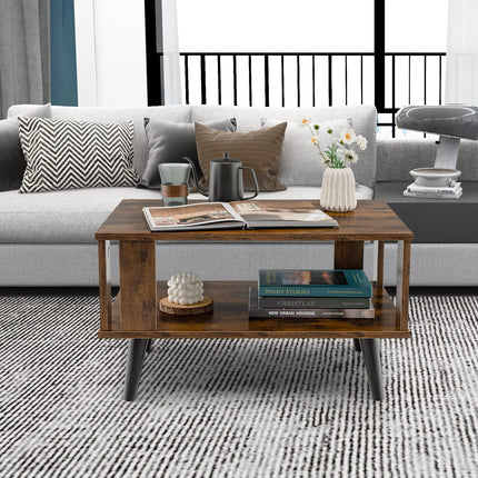 Dreamade Retro Wood Coffee Table, 2-Tier Tea Table w/Open Storage Shelf & Supportive Legs