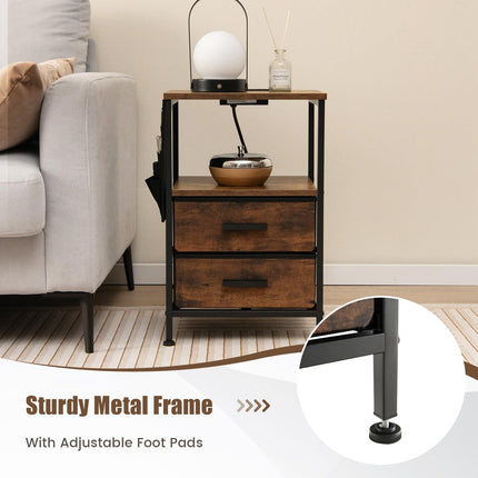 Dreamade Nightstand with Charging Station, Industrial Bedside Table with 2 Fabric Drawers & 6 Storage Pockets