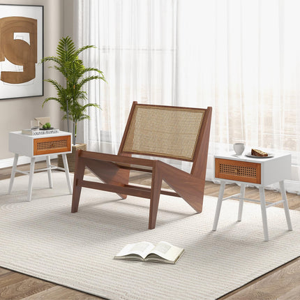 Dreamade Rattan Nightstand, Mid Century Modern End Table with Handwoven Rattan Decorated Drawer