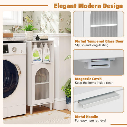 Dreamade Bathroom Corner Floor Cabinet with Removable Shelf & Fluted Tempered Glass Door