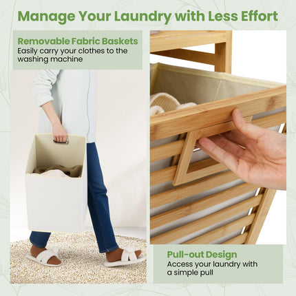 Dreamade 20 Gal Bamboo Tilt Out Laundry Hamper with 2 Removable & Foldable Fabric Bins