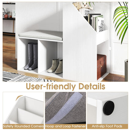 Dreamade Shoe Storage Bench, Entryway Bench w/Side Holder & Padded Seat Cushion, 3 Storage Compartments
