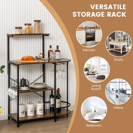 Dreamade Kitchen Bakers Rack, 4-Tier Microwave Stand with 6 Hooks & Stemware Racks (Rustic Brown)