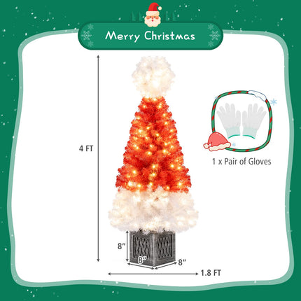 Dreamade 4 FT Pre-Lit Christmas Tree for Entrances, Artificial Potted Santa Hat Xmas Tree with 300 Branch Tips