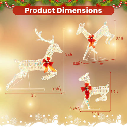 Dreamade Christmas Lighted Reindeer, Set of 3 Reindeer Decorations with LED Lights and Red Bows