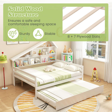 Dreamade Full House Bed with Twin Trundle, Wood Daybed with 5 Cube Storage Bookcase & Headboard