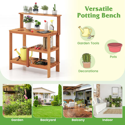 Dreamade 4-Tier Potting Bench, Solid Wood Gardening Workstation w/Open Storage Shelves