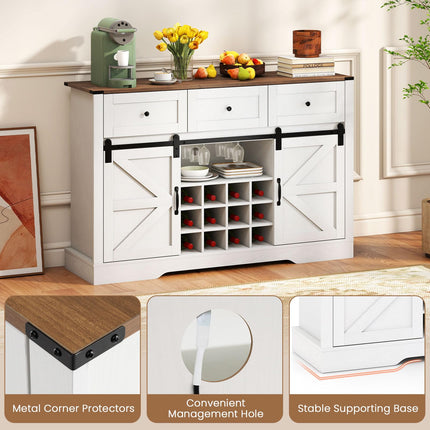 Dreamade Wine Bar Cabinet with LED Lights 52" Buffet Sideboard w/Sliding Barn Door 3 Drawer