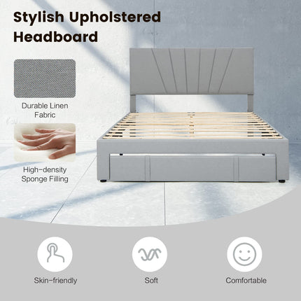 Dreamade Upholstered Queen Bed Frame with Drawer, Modern Platform Bed with Storage & Adjustable Headboard