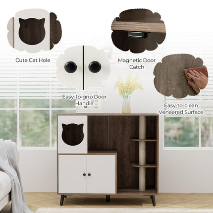 Dreamade Cat Litter Box Enclosure - Wooden Cat House Washroom Hidden Furniture with Cat Tree