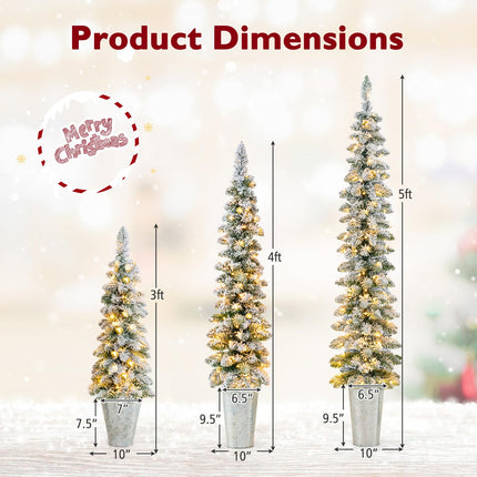 Dreamade 3' 4' 5' Pre-Lit Snow Flocked Christmas Tree Set of 3, Slim Pencil Artificial Potted Xmas Trees with 423 Branch Tips