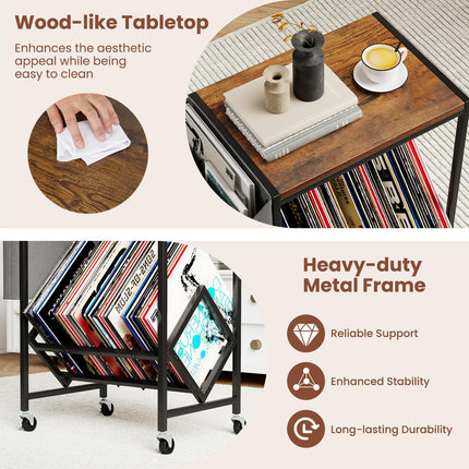 Dreamade Rolling Record Player Stand 2-Tier with Vinyl Storage and Magazine Holder Bag