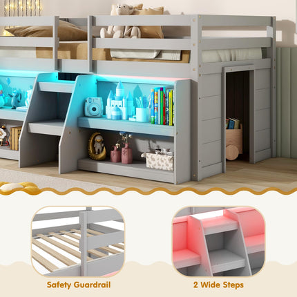 Dreamade Low Loft Bed with LED Lights, Wooden Twin Loft Bed with Stairs & Safety Guardrail