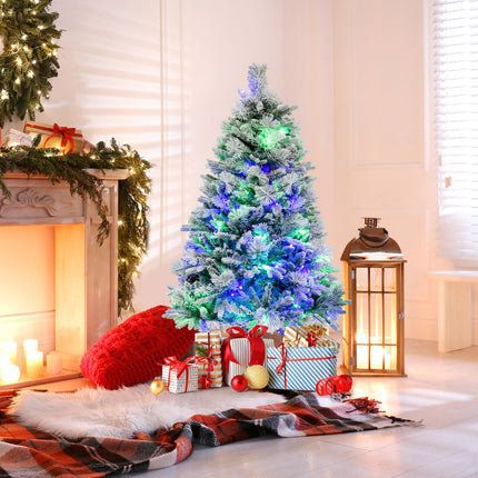 Dreamade Pre-Lit Snow Flocked Christmas Tree, Artificial Hinged Xmas Tree with 160 Multi-Color LED Lights