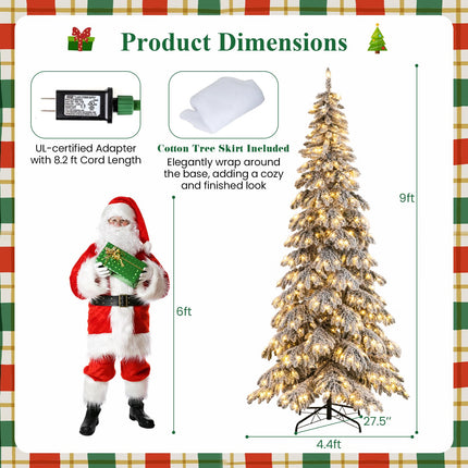 Dreamade 9 FT Pre-Lit Snow Flocked Drooping Christmas Tree with Quick Power Connectors