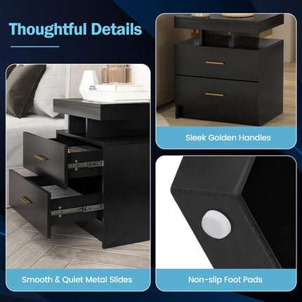 Dreamade LED Nightstand, Modern Black Bedside Tables with 2 Storage Drawers