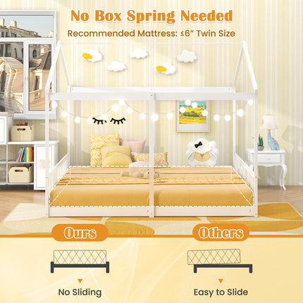 Dreamade Double Twin Floor Beds for 2 Kids, Wood Twin Size House Beds with Safety Guardrails, White