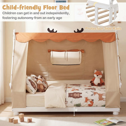 Dreamade Twin Size House Floor Wood Bed with Tent