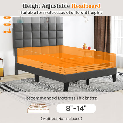 Dreamade Full Size Platform Bed, Linen Fabric Upholstered Bed Frame with Adjustable Headboard & Wooden Slat Support