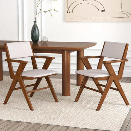 Dreamade Wooden Dining Chairs Set, Linen Fabric Upholstered Kitchen Chairs w/Armrests, Rubber Wood Frame