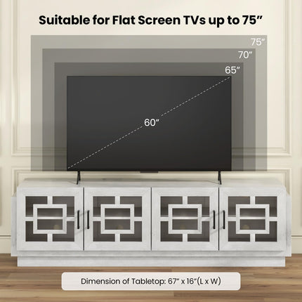 Dreamade Farmhouse TV Stand for TVs up to 75”, 4-Door Glass Entertainment Center with 2 Cabinets