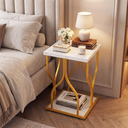 Dreamade 2-Tier End Table with Storage Shelf & Gold Petal-Inspired Geometric Metal Frame