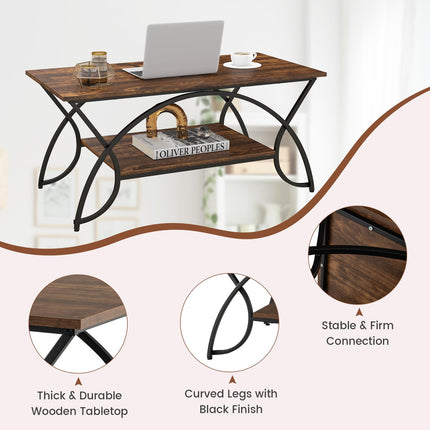 Dreamade 2-Tier Rectangular Coffee Table, Modern Chic Cocktail Table with Open Storage Shelf, White/Gold