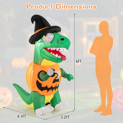 Dreamade 6 FT Inflatable Pumpkin Dinosaur, Blow up Yard Decoration with Built-in LED Lights & Witch Hat