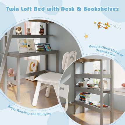 Dreamade Loft Bed with Desk & Bookshelves